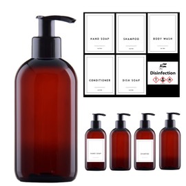 Amber Empty Soap Dispenser Pump Bottle 250 ml + 10 Foil Labels Refillable Cosmetic Bottles Travel Bottles Set Travel Container for Salon Shampoo Lotion Cosmetics Hairdresser Accessories