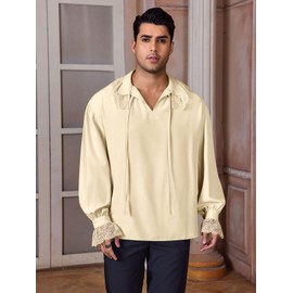Runcati - Camisa medieval de pirata para hombre, con volantes, encaje steampunk vikingo, poeta renacentista, con cordones, disfraz de Halloween, Beige, Large