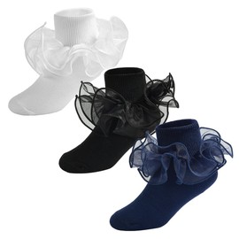 WEIDUAINI Calcetines De Encaje Con Volantes Para Niños Pequeños Y Niños (Blanco Negro Azul, 6-8 años)