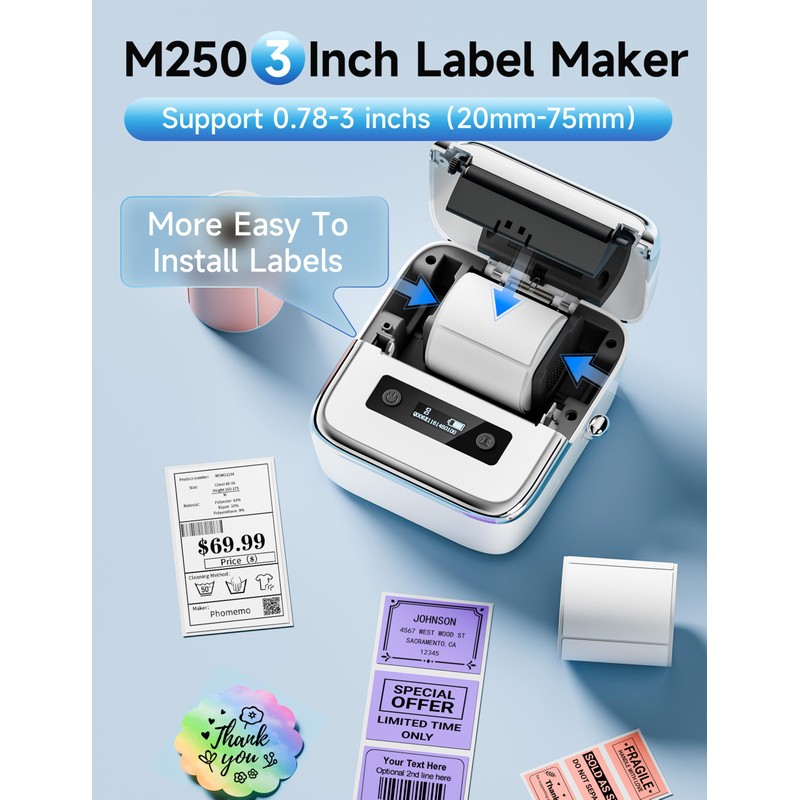 Phomemo M250 Label Printer, 3 Inch Bluetooth Labeling Device, Thermal