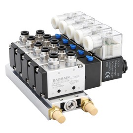 Baomain 5 Station Solenoid Valve Manifold, 12V DC 5 Way 2 Position Pneumatic Air Valve, Five Solenoid, 1/4" PT Port, Includes Manifold Base & Mufflers, 4V210-08
