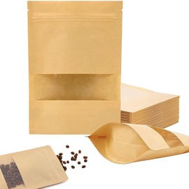 iDopick Kraft Resealable Storage Bags for Food Storage, Stand up Pouch Bags with Air Tight Zipper and Window Zip Sealable Packaging Bags for Coffee, Nuts, Snack (9x14cm/100)