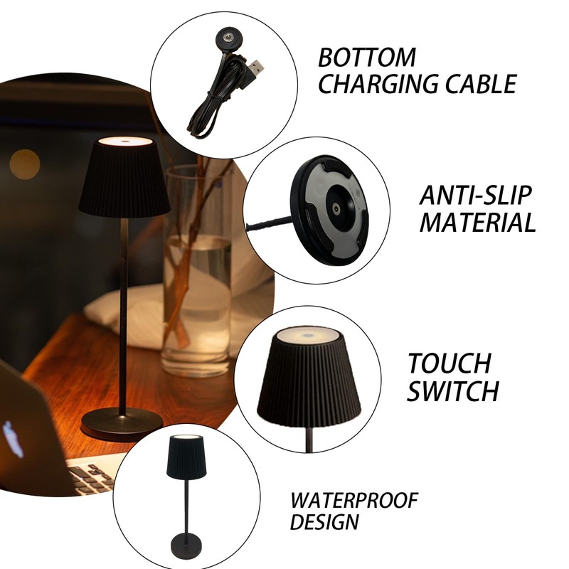 CNAHIWO Outdoor Battery Operated Table Lamp Waterproof, Touch Dimmable Desk