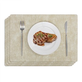 Softalker Faux Leather Placemats Set of 4-Vinyl Heat Resistant Place Mats, 100% Waterproof Oilproof Wipe Clean Table Mats for Indoor & Outdoor Use, 17’’×12’’, Beige