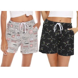 ENJOYNIGHT Womens Pajama Short Pants Lounge Short Bottoms Sleep Shorts With Drawstring & Pockes(Medium, Coffee+B-Cat)