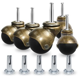 MySit Ball Casters 5 Pack TPR Wheels 2 Inch Heavy Duty Brass Vintage Antique Furniture Caster Set of 4,Grip Neck Spherical Casters with Swivel Caster for Cabinet, Furniture Legs, Sofa
