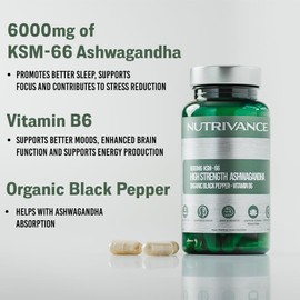 Nutrivance Nutrivance Ashwagandha High Strength 6000mg KSM 66 Organic Premium Capsules Plus Vitamin B6 & Black Pepper, Supports Sleep, Anxiety, Cortisol Levels, Boots Mood & Energy (2 Month Supply) Made in UK