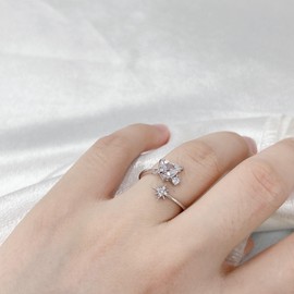 Rhinestone Heart Star Wrap 925 Sterling Silver Ring Sparkly CZ White Gold Plated Statement Celestial Planet Stacking Cuff Knuckle Finger Adjustable Open Band Rings Comfort Fit Jewelry Gifts for Women