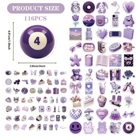 Aesthetic Purple Stickers for Water Bottles, Pack of 116 Cute Aesthetic Stickers for Children, Girls, Teens, Waterproof Vinyl Stickers for Laptop, Diary, Scrapbooking, Party Decoration (Purple)