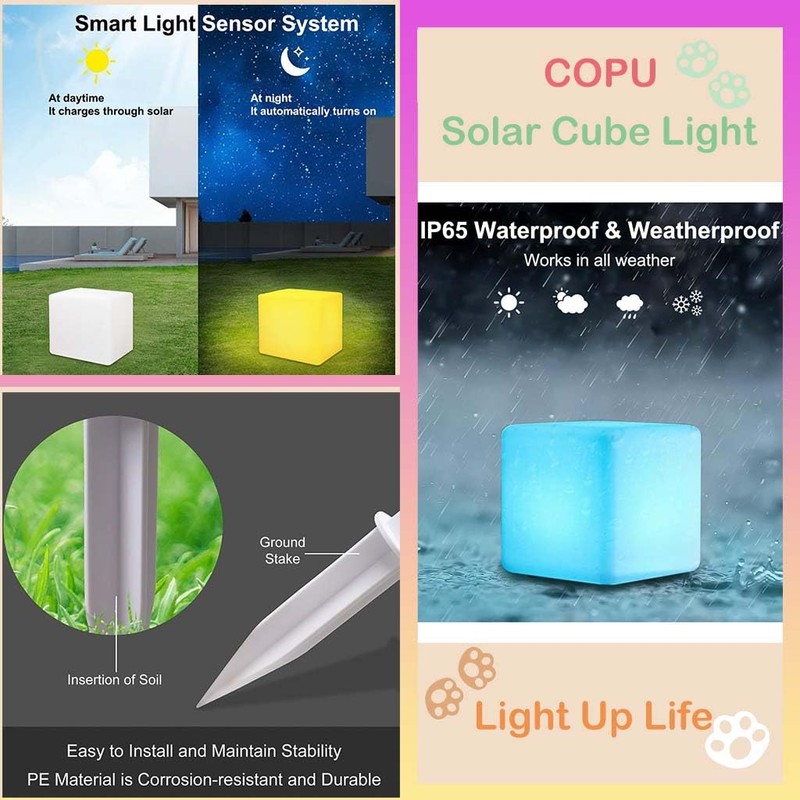 8-in Solar Cube Light Outdoor Waterproof, 16 Colors Illuminate Cube