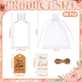 Tiangrid 50 Sets Mini Hand Sanitizer Bottles Wedding Favors Bulk for Guests 50 2oz Empty Travel Size Hand Sanitizer Bottles with 50 Organza Bags Thank You Tags for Wedding Party (Love,Gold)