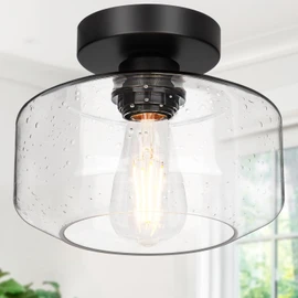 Industrial Semi Flush Mount Ceiling Light, 800 Lumen LED Bulb Included, Seeded Glass Shade Farmhouse Light Fixture for Hallway Corridor Kitchen Bathroom Bedroom Passway