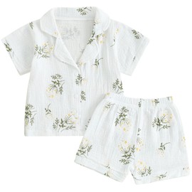 Mubineo Toddler Baby Boy Girl Summer Pajamas Sets Cotton Linen Short Sleeve Pjs Sleepwear Homewear Comfy Clothes Outfits (White Green, 5-6 Years)
