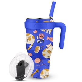 Sursip 40 oz Insulated Tumbler with Screw Lid - Stainless Steel Vacuum Cup with Straw and Handle, For Cold/Hot Drinks - Sweat/Leak Proof, Fits Cup Holder, Ideal Gifts for Women/Men (Blue Cat)