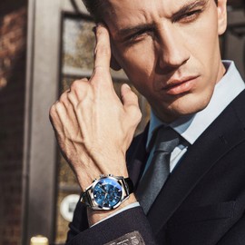 OLEVS Mens Watches Chronograph Luxury Dress Mens Leather Watch Blue Dial Casual Waterproof Watches for Men Relojes para Hombres