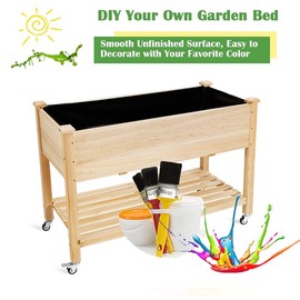 S AFSTAR Raised Garden Bed with Wheels, 48" L X 24" W X 33" H Wooden Elevated Planter w/Lockable Wheels, Storage Shelf, Bed Liner, Raised Garden Boxes for Backyard, Patio, Balcony, 110lb Capacity