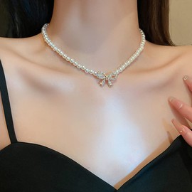 Jumwrit Sparkly Rhinestone Choker Necklace Cute Silver Bow Pendant Necklace Boho Pearl Necklace 3 Row Tennis Necklace Fashion Party Prom Accessories for Women (Style 3)