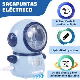 QianMu Sacapuntas Electrico, Sacapuntas Rápido Astronautas con Alimentación por USB o Pilas AA, para Lápices de 6 a 8 mm, Antideslizantes Sacapuntas Seguro para Niños Uso, para Escolares, Familia