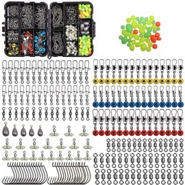 Fishing Tackle Box Kit Including Fishing Hooks,Sinker Weights,Crossline Barrel Swivel, Rolling Swivel Snap,Jig Hooks,Sinker Slides, Fishing Beads with Tackle Box (215pcs Tackle Box Kit)