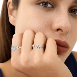 Women's Open Ring with Initial M, Crystal M Silver Letter Adjustable Stackable Ring With Gift Box