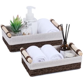 Wicker Storage Basket with Wooden Handle – Paper Rope Decorative Toilet Paper Baskets & Bathroom Organizer for Toilet Tank Top, Shelves, Bedroom, Countertop,Home,Office Storage Bins, 2 Pack,Brown