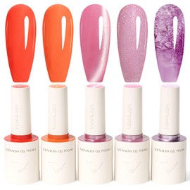 V VENALISA VENALISA 10 ML Orange Pink Gel Nail Polish Set with DIY Nail tips Kit, 5 Pcs Glitter Gel Polish Color High Gloss Soak Off U V Nail Manicure Salon DIY