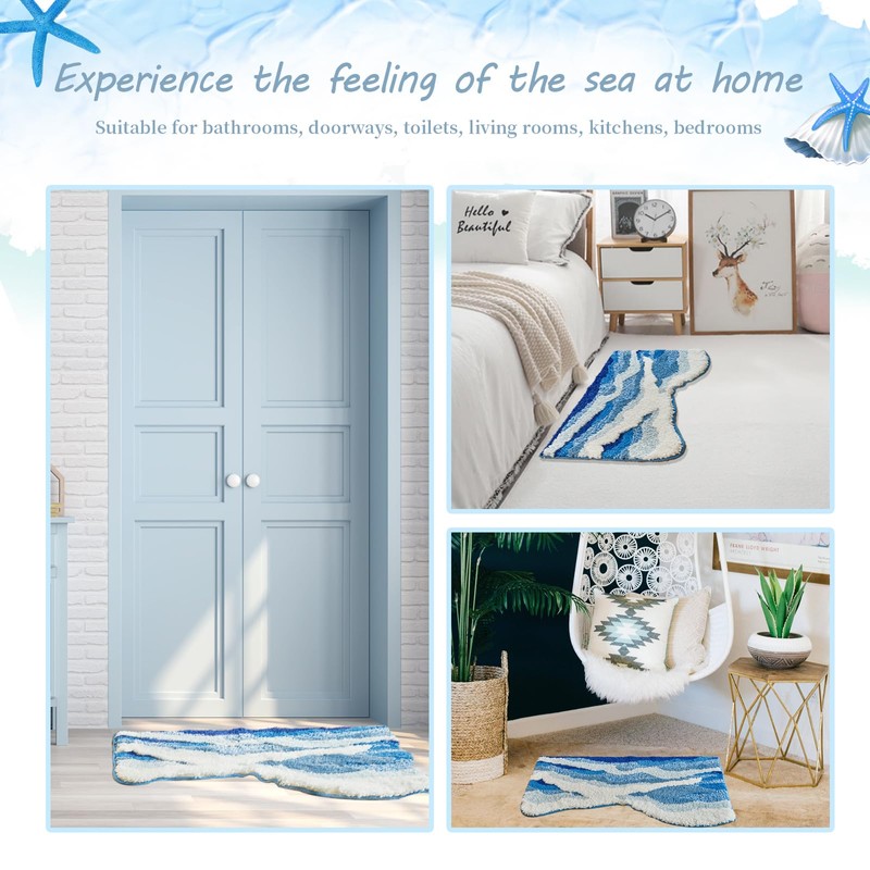 SiliPacks Blue Cute Coastal Beach Themed Bath MatsOcean Wave Tufted