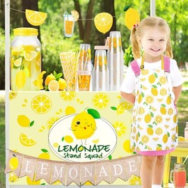 VitalCozy 205 Pcs Lemonade Stand Supplies Include 1 Gallon Plastic Lemonade Dispenser, Lemon Tablecloth, 2 Banner, Apron, 100 Paper Cups with Lids Straws for Lemon Party Supplies, Picnic, Beach Favor