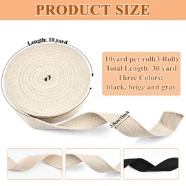 Supkiir 3 Rolls 30 Yard Cotton Webbing Strap, 1 Inch Twill Tape Cotton Ribbon for DIY Crafts Decoration Sewing Home Wrapping Luggage Bag Strap Making Belting
