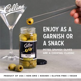Collins Pitted Olives - Popular Garnish for Cocktails, Dirty Martinis, Salads, Cheese Trays, Charcuterie, Snacks, 4oz