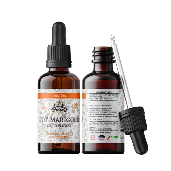 Pot Marigold Tincture, Organic Pot Marigold Extract, Calendula Extract (Calendula officinalis) Dried Plant, Health Supplement, Non-GMO in Cold-Pressed Organic Vegetable Glycerin 2 oz