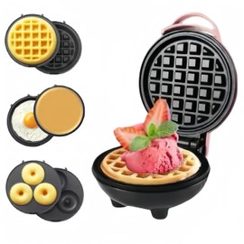 Lifeeverkeep 3 in 1 Mini Waffle Maker with Removable Plates-Waffles,Donuts,Pancakes all in Multimaker -Nonstick Surface for Easy Cleaning - Great Holiday Gift(Pink)
