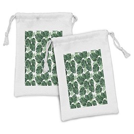 Ambesonne Leaves Fabric Pouch Set of 2, Rhythmic Wild Monstera Leaf Pinnate Motifs on Plain Backdrop Illustration, Small Drawstring Bag for Toiletries Masks and Favors, 9" x 6", White and Jade Green