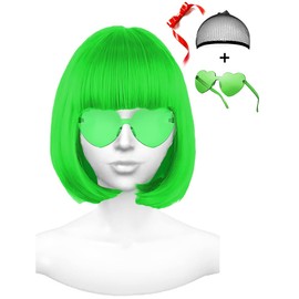 Featured Wigs and Heart Sunglasses, Color Bob Wig, Party Cosplay Wigs, Rainbow Wig with Neon Glasses for Women - Bachelorette Party Decorations Favors (Green)