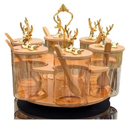 Bamboo 6-Jar set Revolving Spice Rack – Elegant Deer Lid Lazy Susan Spice Organizer for Your Kitchen