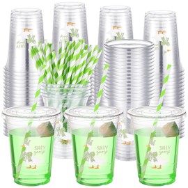 Qinyoung 50 Pcs Silly Goose Birthday Party Disposable Plastic Cups with Lids and Straws 16oz Cute Cold Beverage Drinking Cups for Baby Showers One Silly Goose Party Supplies Decorations(Green)