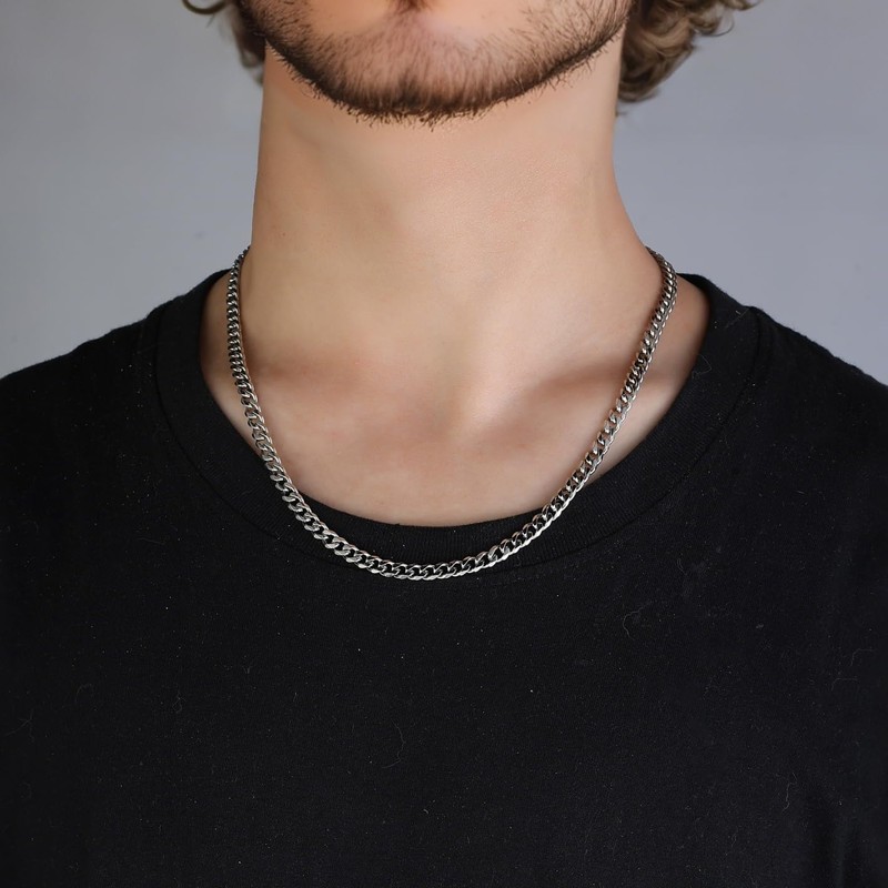 OLARCU 5mm Mens Silver Stainless Steel Cuban Link Chain Necklace