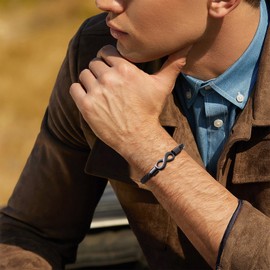 VNOX Infinity Leather Bracelet for Men Black Gifts for Husband Stainless Steel Engraved Braided Mens Beaded Bracelet Adjustable Leather Bracelets for Men Birthday Christmas Gifts for Men