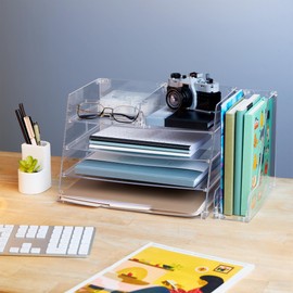 Acrylic Paper Organizer 4 Tier with Vertical File Holder, for Document, Books, Letters with a Sleek Modern Design Perfect for Home and Office Storage.