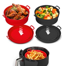 Collapsible Silicone Air Fryer Basket Liners Pot - AirFryer Liners Reusable Bowls for 5 Quart or Bigger As Seen on the Today Show - Air Fryer Accessories 2 Pack - Round Silicone Liners (Red & Black)