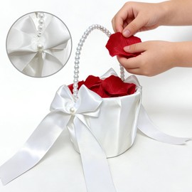 Wedding Flower Girl Basket with Cute Pearl Handle - Elegant Small Satin Bowknot Satin Baskets for Decoration-Perfect for Flower Girls, Wedding Party