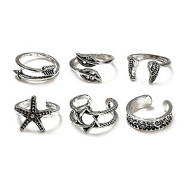 POYAMUSE Toe Rings with Sun, Moon and Star Patterns - Bohemian Knuckle Rings Set - Adjustable Opening Toe Rings for Women Beachy Barefoot Sandal Jewelry (E 6pcs wings)