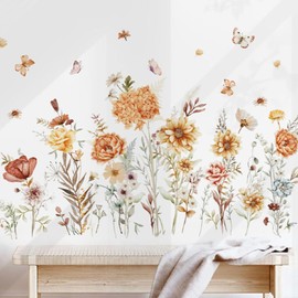 Fanwaoo Flower Garden Wall Stickers Vintage Boho Florals Decals Butterfly Art Decor for Living Room Bedroom Sofa TV Decor