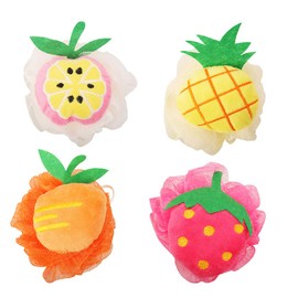 Rocutus 4pcs Child Bath Shower Sponge Pouf Loofahs Mesh Brush Shower Ball Cute Bath Flower with Hooks for Travel (Mixed 4)