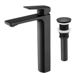 VOTON Vessel Sink Faucet Matte Black Tall Bathroom Faucet Single Handle Vanity Bathroom Sink Faucet 1 Hole Basin Mixer Tap with Water Supply Hose and Pop Up Sink Drain