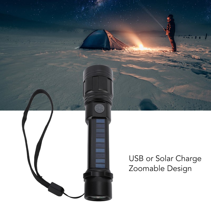 LED Flashlight Zoomable 3 Light Modes USB Or Solar Charge