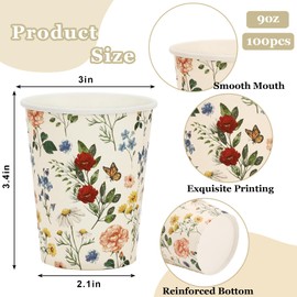 JarThenaAMCS 100Pcs Paper Cups 9 oz Vintage Wildflower Disposable Cups Retro Floral Party Cups for Wedding Bridal Shower Birthday Tea Party Supplies