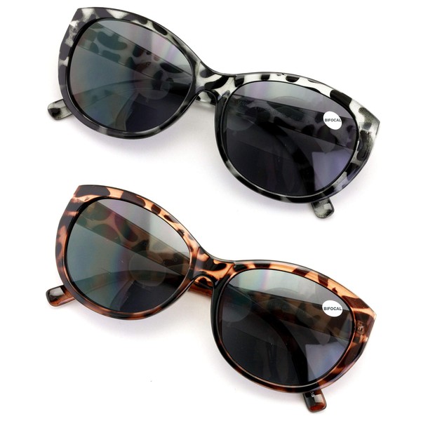 2 pares de lentes de sol de lectura bifocales para mujer, gafas de lectura vintage con diseño de ojo de gato, ovaladas (1 leopardo gris, 1 leopardo marrón, 3.00)