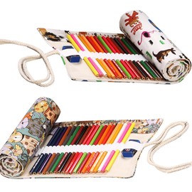 2 Pieces 48 Holes Canvas Pencil Bag, Pencil Wrap Roll Up Holder, Colouring Pencils Bag, Organiser Portable Pencil Roll, Art Student Sketching Coloured Pencils Canvas Pencil Case, White, School bag set
