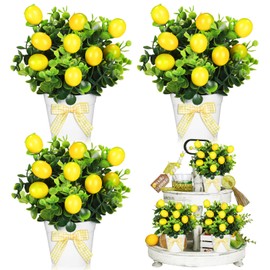Jexine 3 Set Summer Fruits Lemon Tiered Tray Decor Artificial Lemon Plant Farmhouse Home Decor Mini Fake Etrogplants Mini Vases Tiered Tray Greenery Accessory(Eucalyptus)